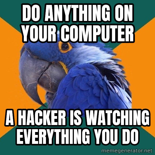 Paranoid Parrot meme: do anything on your computer / a hacker is watching everything you do