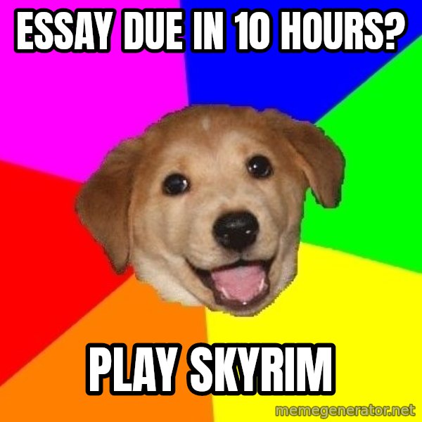 Advice Dog meme: essay due in 10 hours? / play skyrim