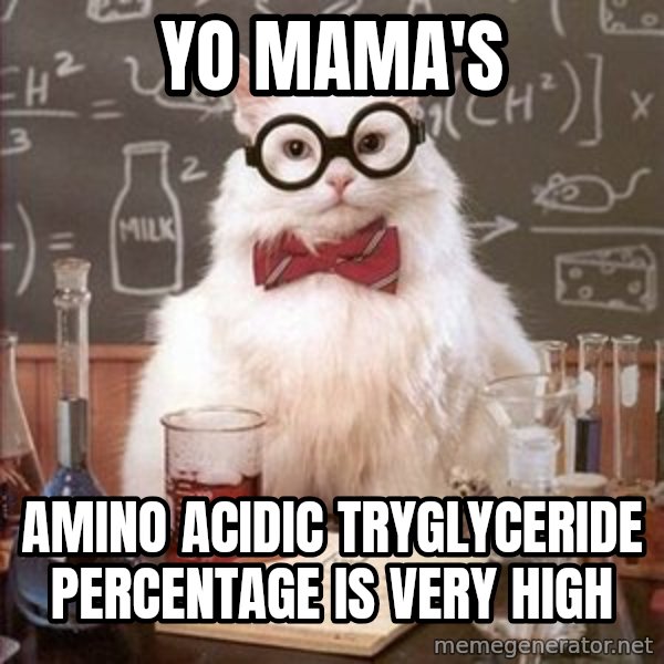 Chemistry Cat meme: yo mama's / amino acidic tryglyceride percentage is very high