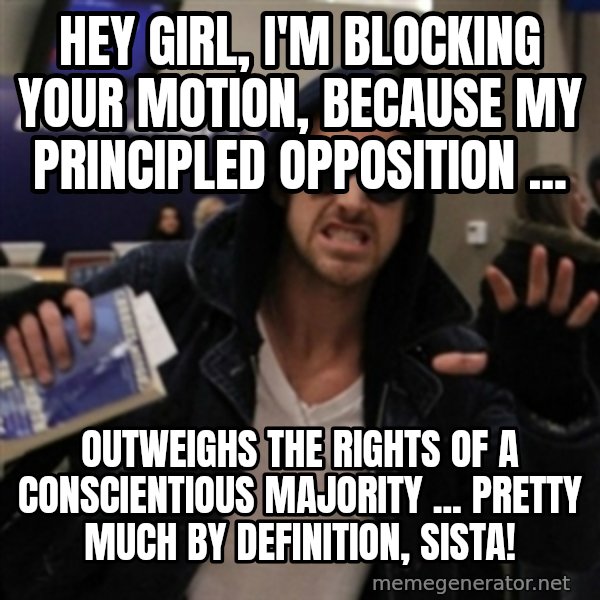 Manarchist Ryan Gosling meme: hey girl, i'm blocking your motion, because my principled opposition ... / outweighs the rights of a conscientious majority ... pretty much by definition, sista!