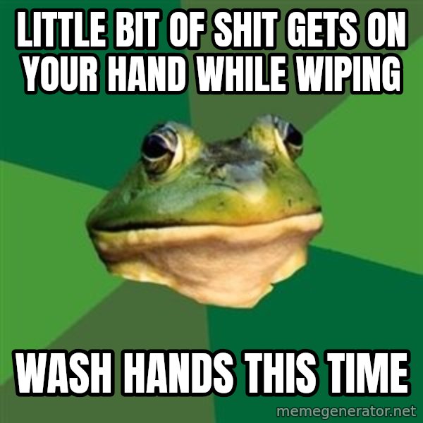 Foul Bachelor Frog meme: little bit of shit gets on your hand while wiping / wash hands this time