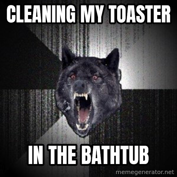 Insanity Wolf meme: Cleaning my toaster / in the bathtub