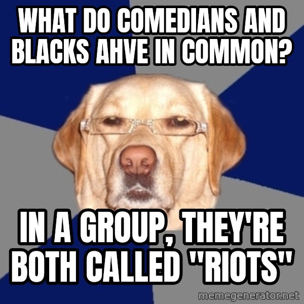 Racist Dog meme: What do comedians and blacks ahve in common? / In a group, they're both called "riots"