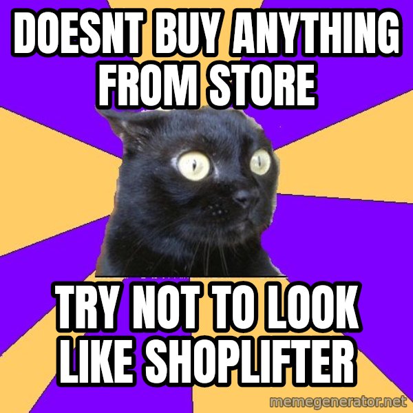 Anxiety Cat meme: doesnt buy anything from store / try not to look like shoplifter
