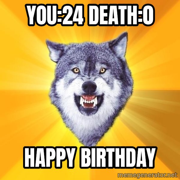 Courage Wolf meme: You:24 death:0 / happy birthday