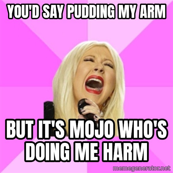 Wrong Lyrics Christina meme: You'd say pudding my arm / but it's mojo who's doing me harm