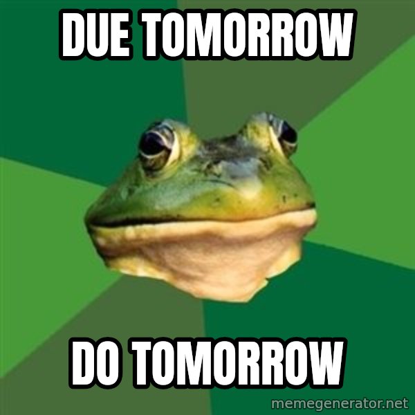 Foul Bachelor Frog meme: Due Tomorrow / Do tomorrow