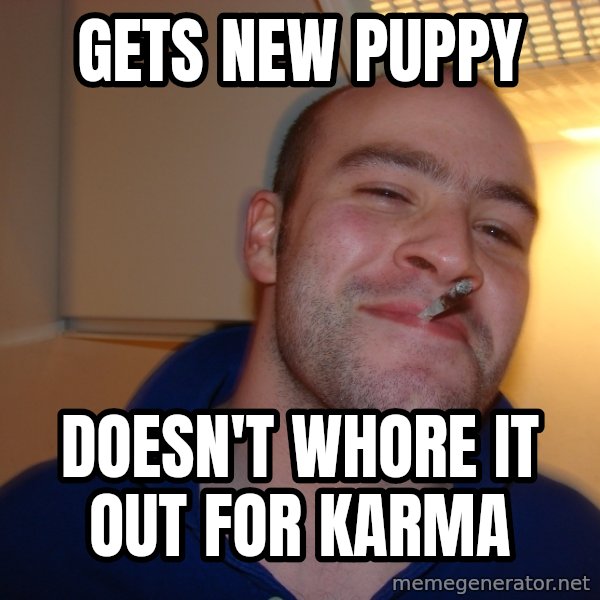 Good Guy Greg meme: gets new puppy / doesn't whore it out for karma