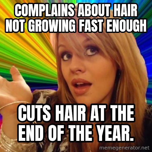 Dumb Blonde meme: Complains about hair not growing fast enough / cuts hair at the end of the year.