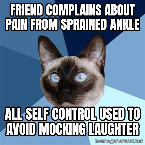 Chronic Illness Cat meme: Friend complains about pain from sprained ankle / All self control used to avoid mocking laughter
