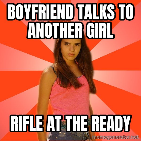 Jealous Girl meme: Boyfriend talks to another girl / rifle at the ready