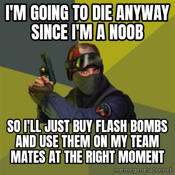 Counter Strike meme: I'm going to die anyway since i'm a noob / so i'll just buy flash bombs and use them on my team mates at the right moment