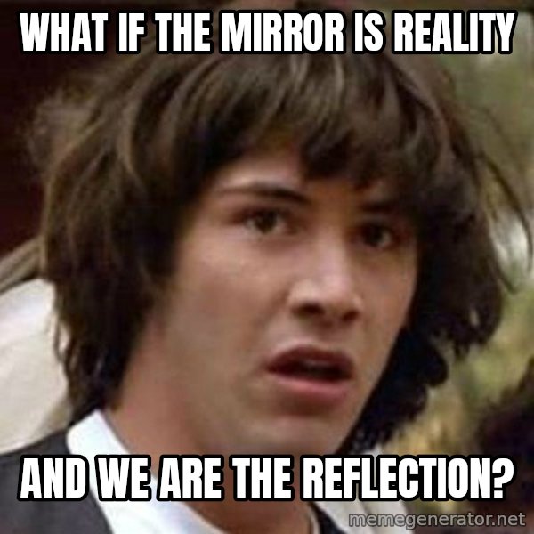 Conspiracy Keanu meme: What if the mirror is reality / and we are the reflection?