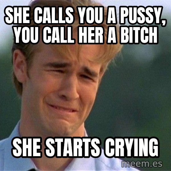 Crying Man meme: She calls you a pussy, you call her a bitch / she starts crying