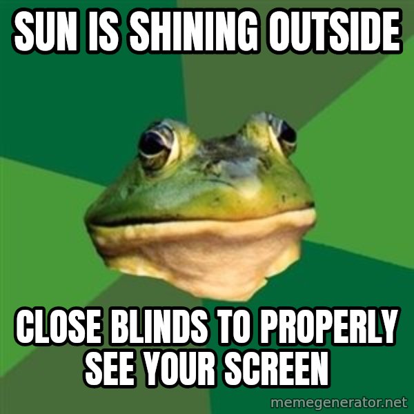 Foul Bachelor Frog meme: Sun is shining outside / close blinds to properly see your screen