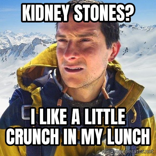 Bear Grylls meme: Kidney Stones? / I like a little crunch in my lunch