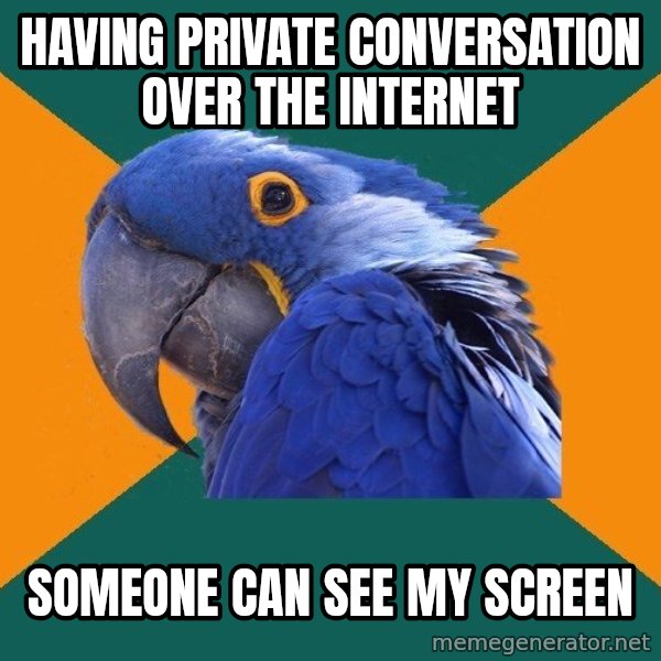 Paranoid Parrot meme: Having private conversation over the internet / someone can see my screen