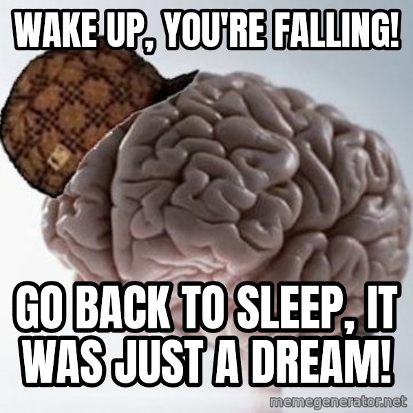 Scumbag Brain meme: Wake up, you're falling! / Go back to sleep, it was just a dream!