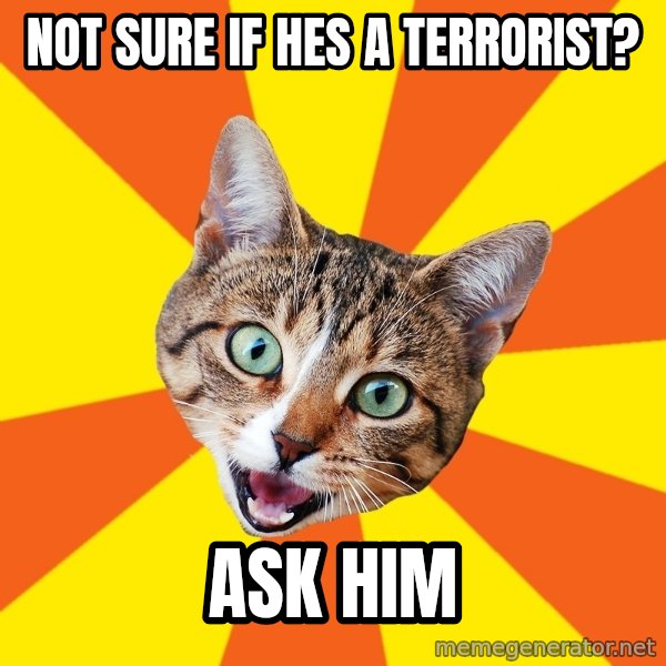 Bad Advice Cat meme: not sure if hes a terrorist? / ask him