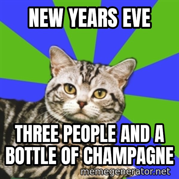 Introvert Cat meme: New years eve / three people and a bottle of champagne