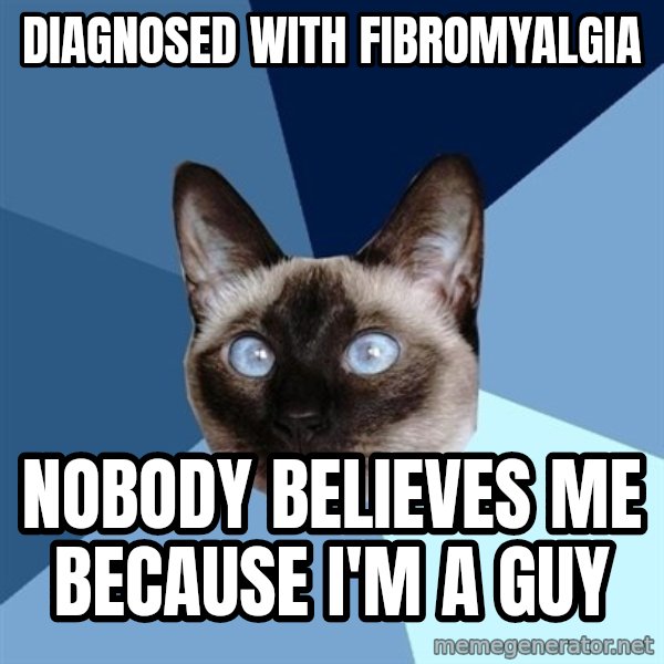 Chronic Illness Cat meme: diagnosed with fibromyalgia / nobody believes me because i'm a guy