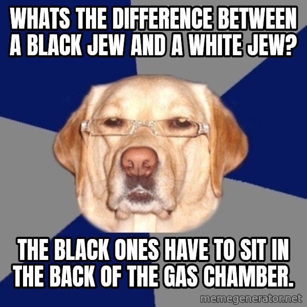 Racist Dawg meme: whats the difference between a black jew and a white jew? / the black ones have to sit in the back of the gas chamber.