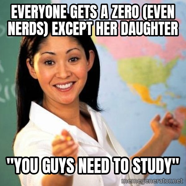 Unhelpful High School Teacher meme: everyone gets a zero (even nerds) except her daughter / "you guys need to study"
