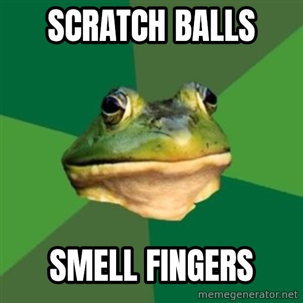 Foul Bachelor Frog meme: Scratch balls / smell fingers
