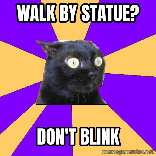 Anxiety Cat meme: Walk by statue? / Don't blink
