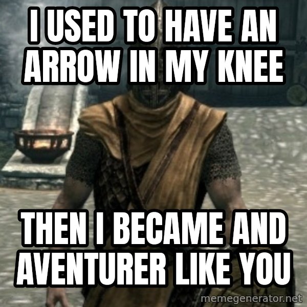 skyrim whiterun guard meme: I used to have an arrow in my knee / Then I became and aventurer like you