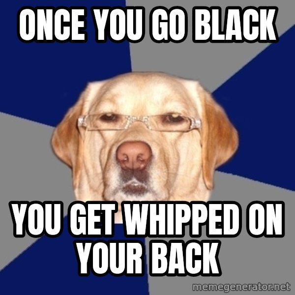 Racist Dawg meme: once you go black / you get whipped on your back