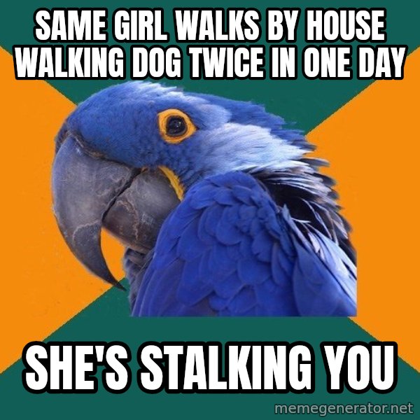 Paranoid Parrot meme: Same girl walks by house walking dog twice in one day / she's stalking you