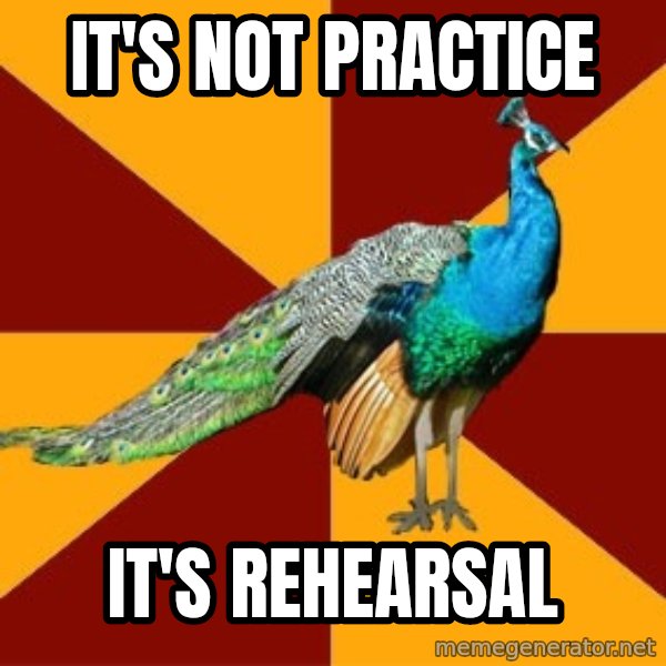 Thespian Peacock meme: It's not practice / it's rehearsal