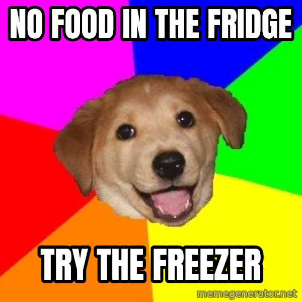 Advice Dog meme: no food in the fridge / try the freezer