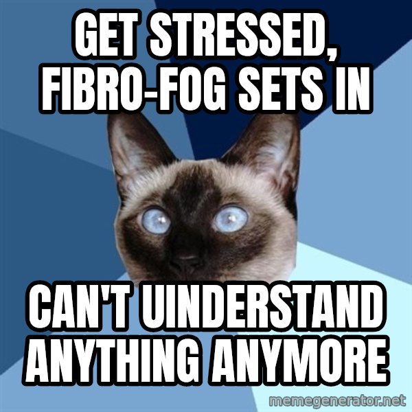 Chronic Illness Cat meme: Get stressed, fibro-fog sets in / can't uinderstand anything anymore