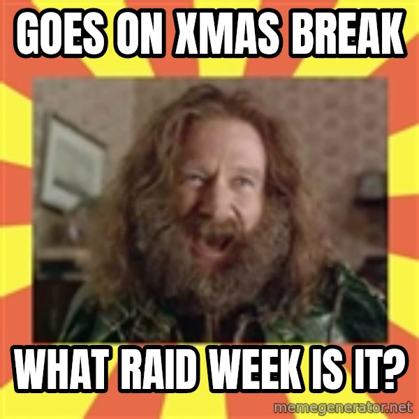 Robin Williams meme: Goes on XMAS BREAK / What Raid week is it?