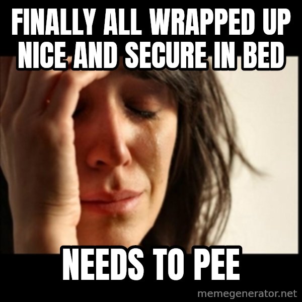 First World Problems meme: Finally all wrapped up nice and secure in bed / Needs to pee