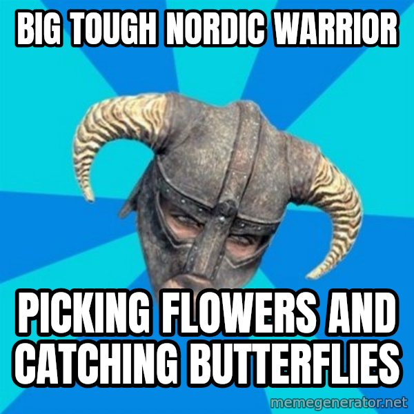 skyrim stan meme: big tough nordic warrior / picking flowers and catching butterflies