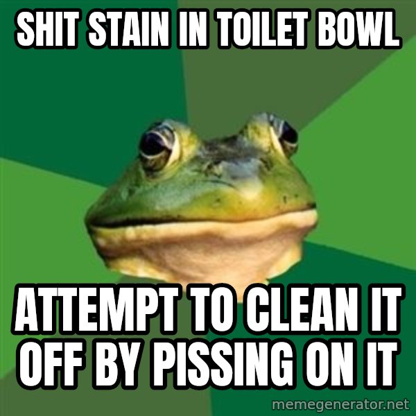 Foul Bachelor Frog meme: shit stain in toilet bowl / attempt to clean it off by pissing on it