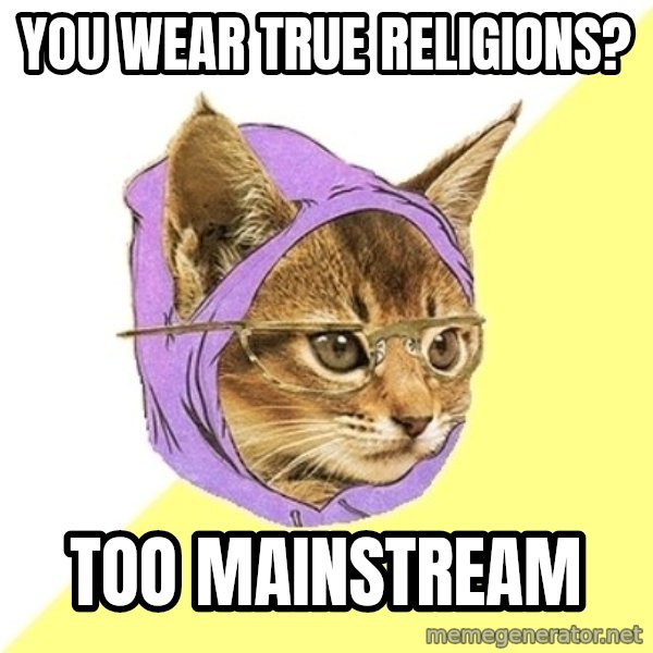 Hipster Kitty meme: You wear true religions? / too mainstream