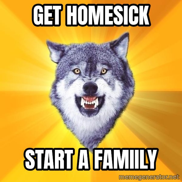 Courage Wolf meme: get homesick / start a famiily
