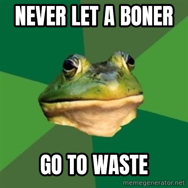 Foul Bachelor Frog meme: never let a boner / go to waste