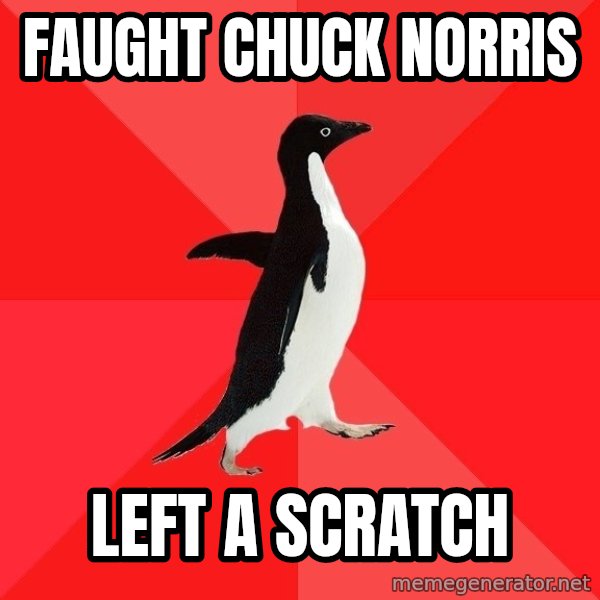 Socially Awesome Penguin meme: faught chuck norris / left a scratch