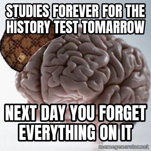 Scumbag Brain meme: studies forever for the history test tomarrow / next day you forget everything on it