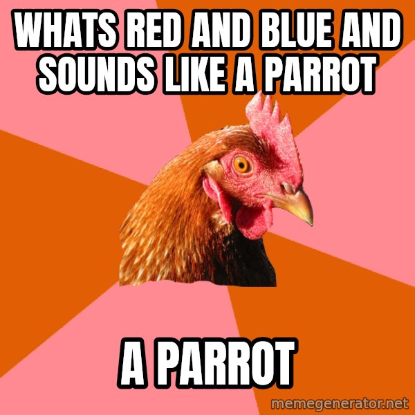 Anti Joke Chicken meme: Whats red and blue and sounds like a parrot / a parrot