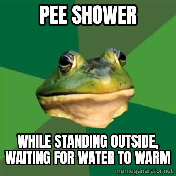 Foul Bachelor Frog meme: pee shower / while standing outside, waiting for water to warm