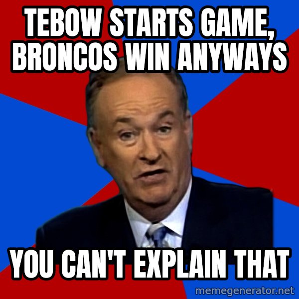 Bill O'Reilly Proves God meme: tebow starts game, broncos win anyways / you Can't Explain that