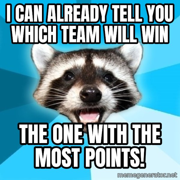 Lame Pun Coon meme: I can already tell you which team will win / the one with the most points!