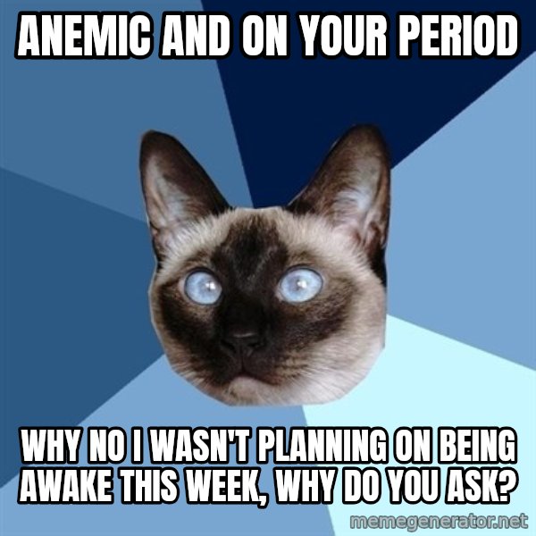 Chronic Illness Cat meme: Anemic and on your period / Why no I wasn't planning on being awake this week, why do you ask?