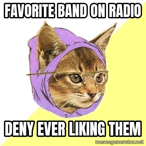Hipster Kitty meme: favorite band on radio / deny ever liking them